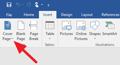Screenshot from Word. Arrow pointing to Cover page button.
